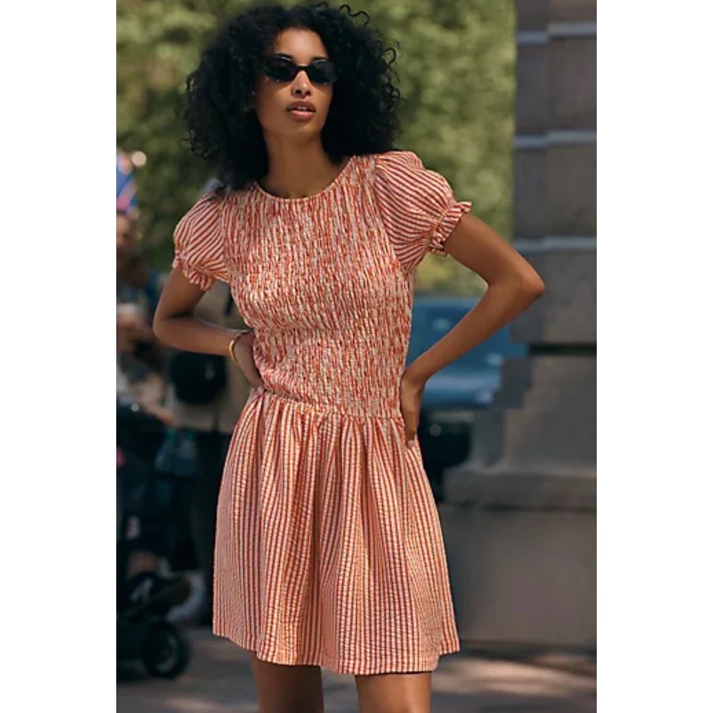 Maeve Margie Smocked Striped Mini Dress NWT Red Cream Sz XL
